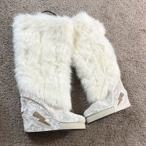Dolls Kill White Faux Fur Velvet Wedge Boots with Lightning Bolt Accent